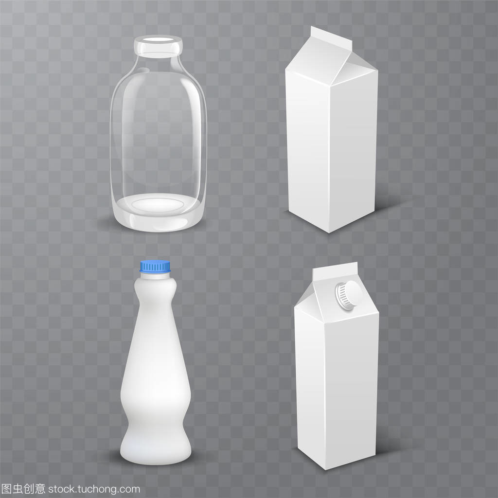 一套白色空白現(xiàn)實(shí)乳制品包裝, 包括塑料瓶和紙箱包隔離矢量插圖